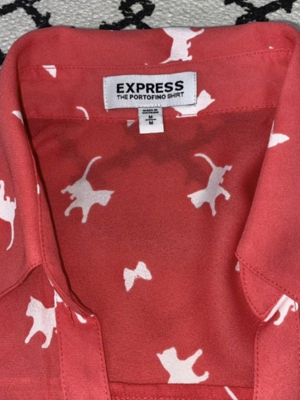 Express Red Button-Down Shirt with White Cat Print - Picture 3 of 4